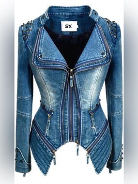 Women’s Studded Denim Moto Jacket – Fitted Double-Zip Y2K Biker Jacket